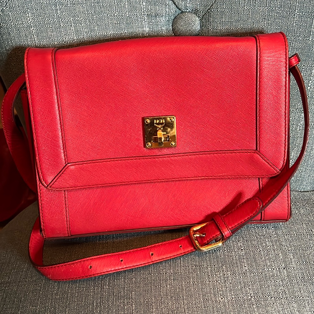 Mcm Red Leather Crossbody Shoulder Bag Euc